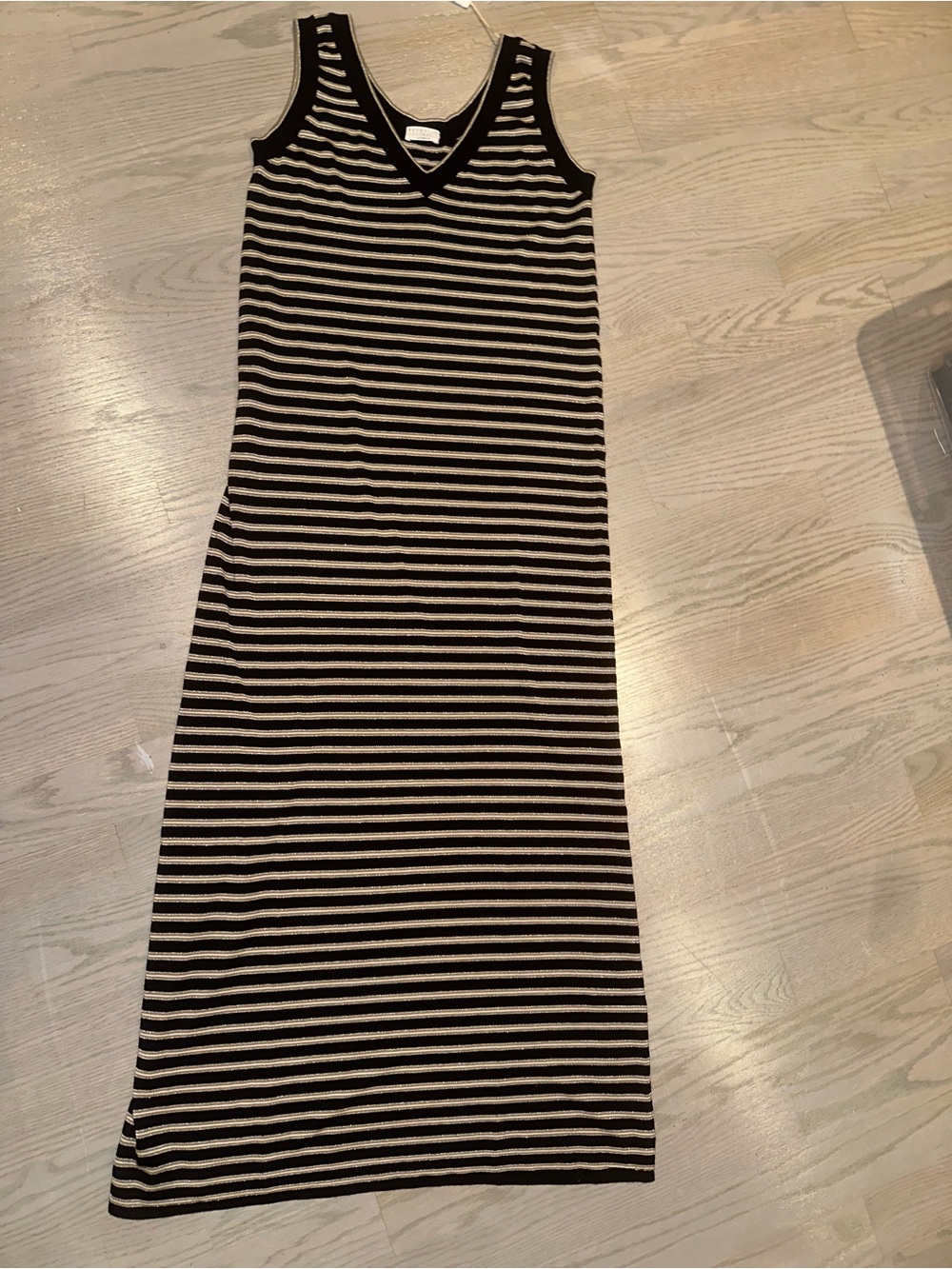 Brunello Cucinelli Black & Beige Striped V-Neck Knit Dress sz M